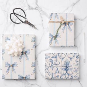 Blue Bows Cream Bridal Shower Wrapping Paper Sheet