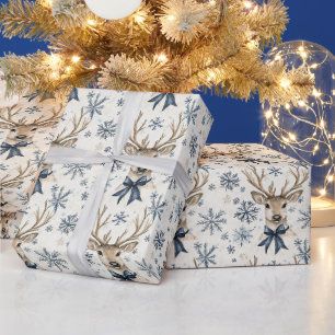 Blue Bows Deer Christmas Snowflakes Wrapping Paper