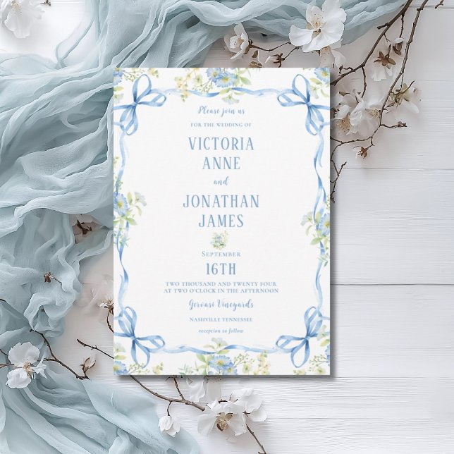 Blue Bows Ribbons & Floral Frame Wedding Invitation (Creator Uploaded)