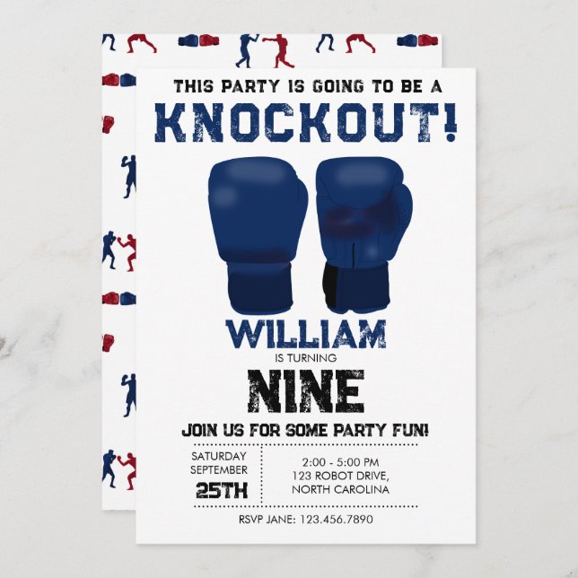 Blue Boxing Gloves Kids Birthday Party Knockout Invitation (Front/Back)