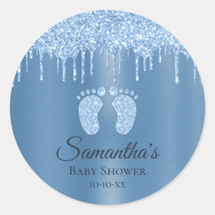 Blue Boy Baby Shower Baby Feet Glitter Classic Rou Round Sticker
