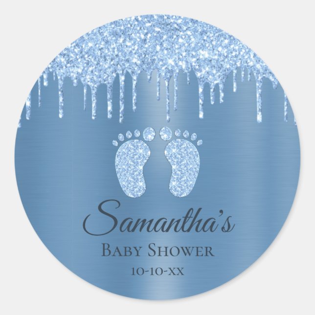 Blue Boy Baby Shower Baby Feet Glitter Classic Rou Round Sticker (Front)