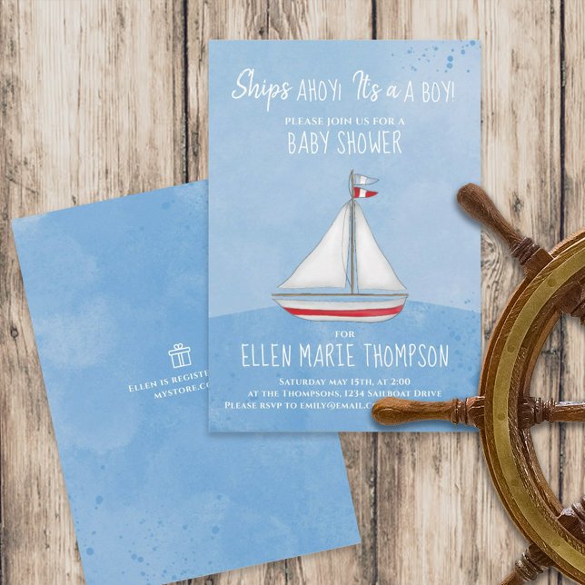Blue Boy Baby Shower Cute Sailboat Invitation (Blue baby shower sailing initiation with "Ships ahoy, It's a boy" lettering. )
