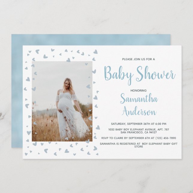  Blue Boy Baby Shower Elegant Dusty Heart Photo Invitation (Front/Back)