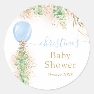 Blue Boy Balloon Watercolor Floral Baby Shower Classic Round Sticker
