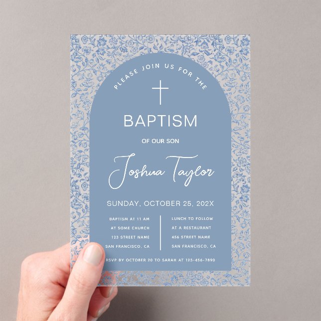  Blue Boy Baptism Arch Floral Pattern Christening Acrylic Invitations (Insitu (Handheld))
