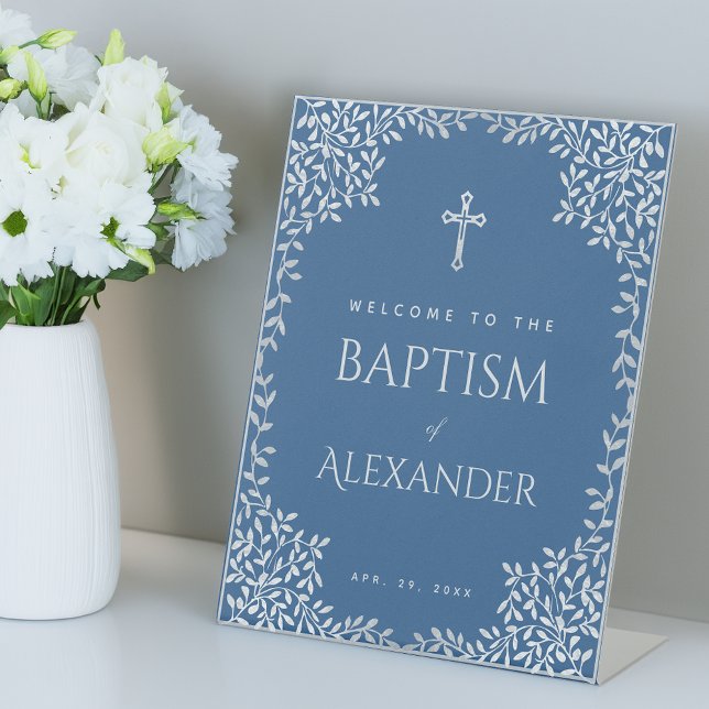 Blue Boy Baptism Faux Silver Leaves Cross Welcome Pedestal Sign (Creator Uploaded)