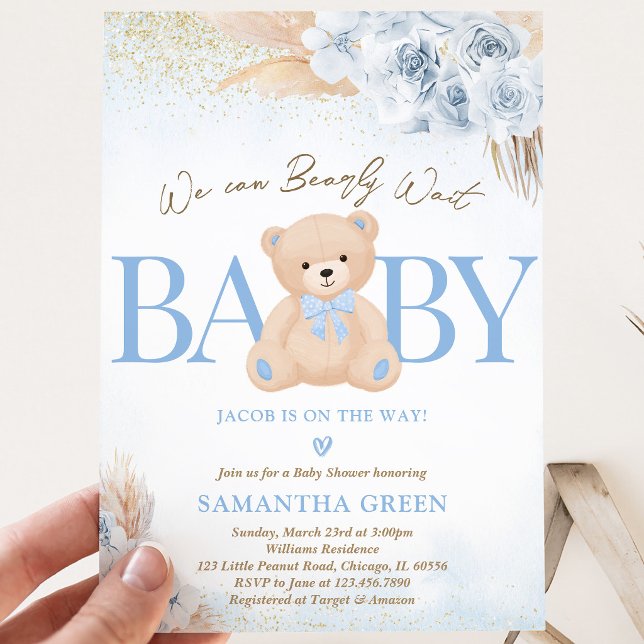 Blue Boy Bear Boho Baby Shower Invitation (Creator Uploaded)