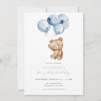 Blue Boy Beary First Birthday Invitation