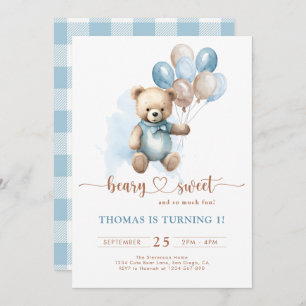 Blue Boy Beary Sweet 1st Birthday Plaid Teddy Bear Invitation