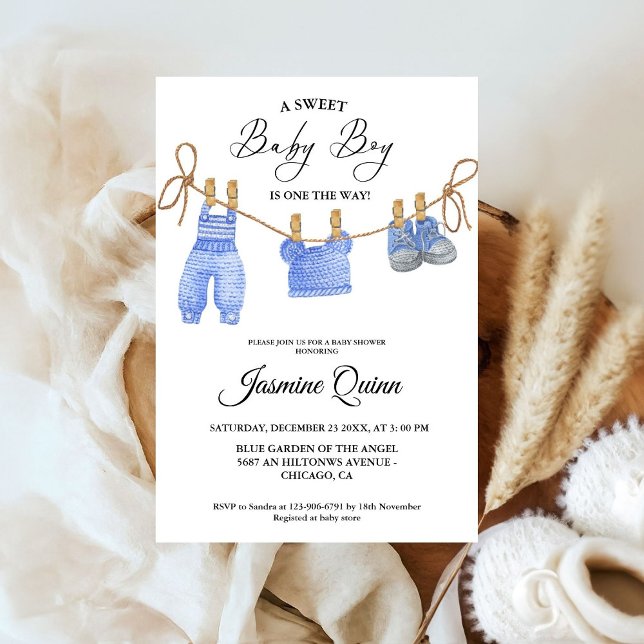 Blue Boy Bohemian Clothes Baby Shower Invitation (Creator Uploaded)