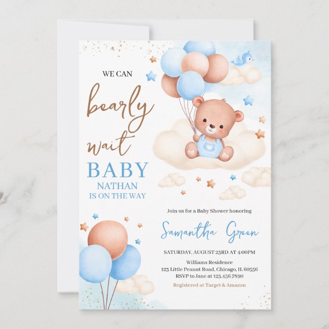  Blue Boy Boho Bear Baby Shower Invitation (Front)