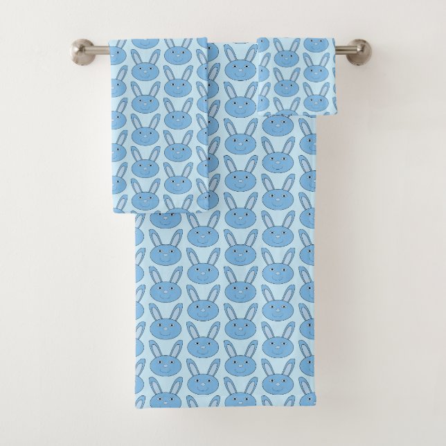 Blue Boy Bunny Face Spring Easter Patterned Bath Towel Set (Insitu)