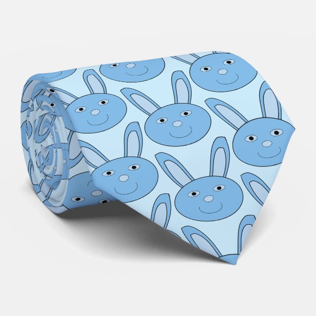 Blue Boy Bunny Face Spring Easter Patterned Tie (Rolled)