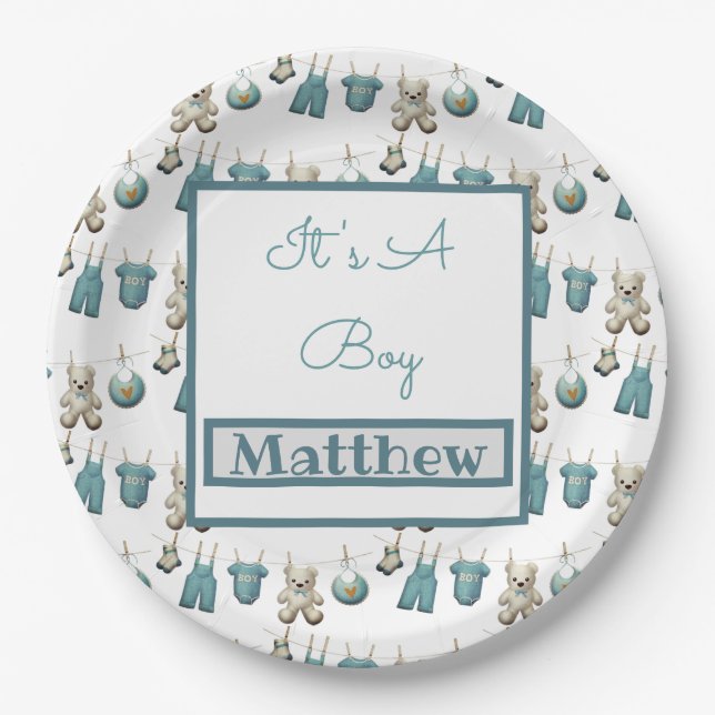 Blue Boy Clothesline Baby Shower  Paper Plate (Front)