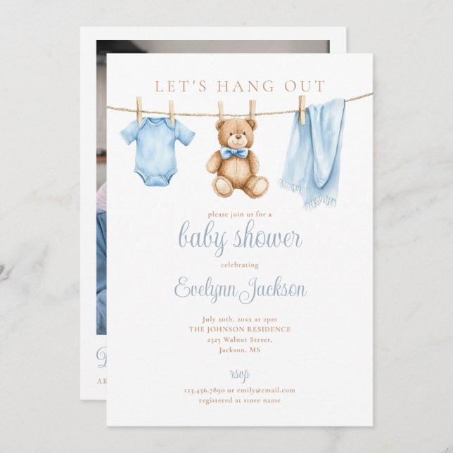 Blue Boy Clothesline Baby Shower Photo QR Code Invitation (Front/Back)