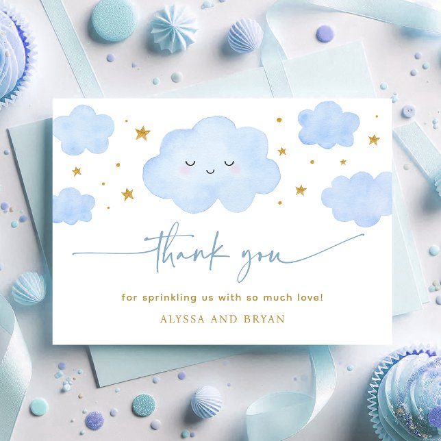 Blue Boy Cloud Stars Baby Sprinkle Thank You Card (Creator Uploaded)