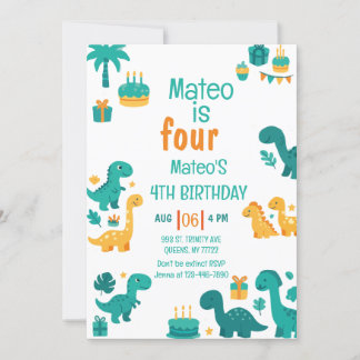 Blue Boy Dinosaur 4th Birthday Invitation