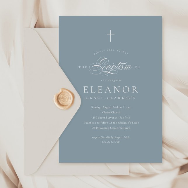 Blue Boy Elegant Cross Calligraphy Baptism Invitation (Creator Uploaded)