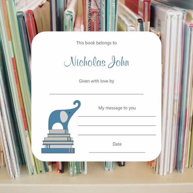 Blue Boy Elephant on Books book plate  Square Sticker (Creator Uploaded)