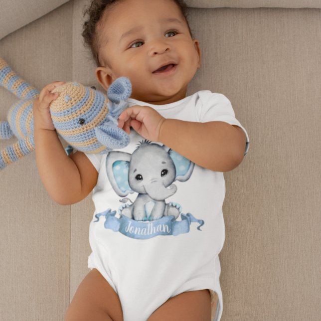 Blue Boy Elephant Personalised name Baby Bodysuit (Creator Uploaded)