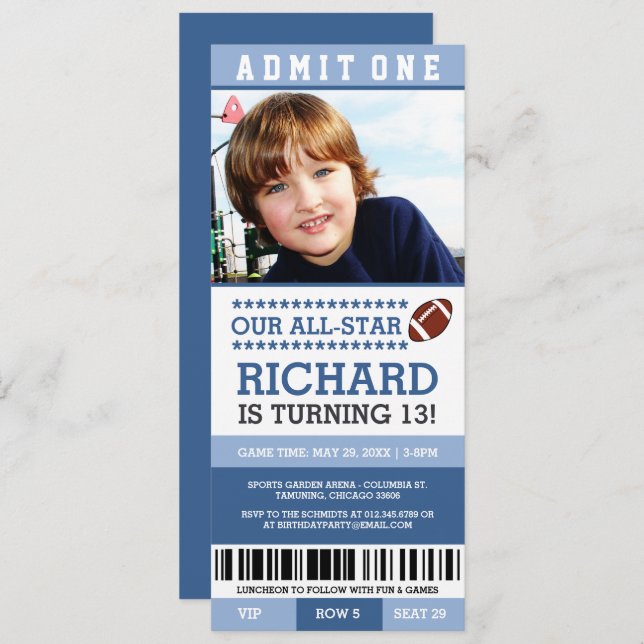 Blue Boy Football Ticket Birthday Invites (Front/Back)