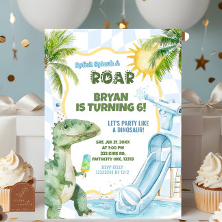 Blue Boy Groovy Dinosaur Pool Birthday Party  Invitation