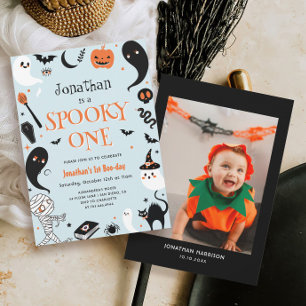 Blue Boy Halloween Spooky One 1st Photo Birthday Invitation
