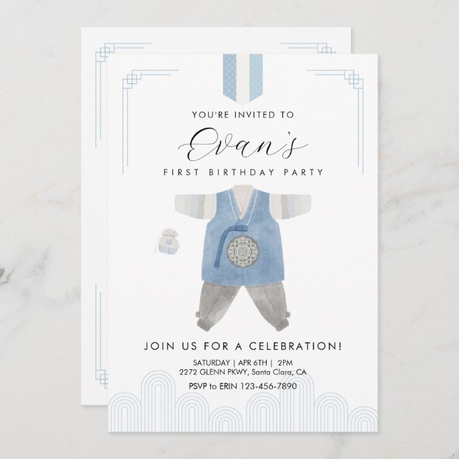 Blue Boy Hanbok Doljanchi the first birthday  Invitation (Front/Back)