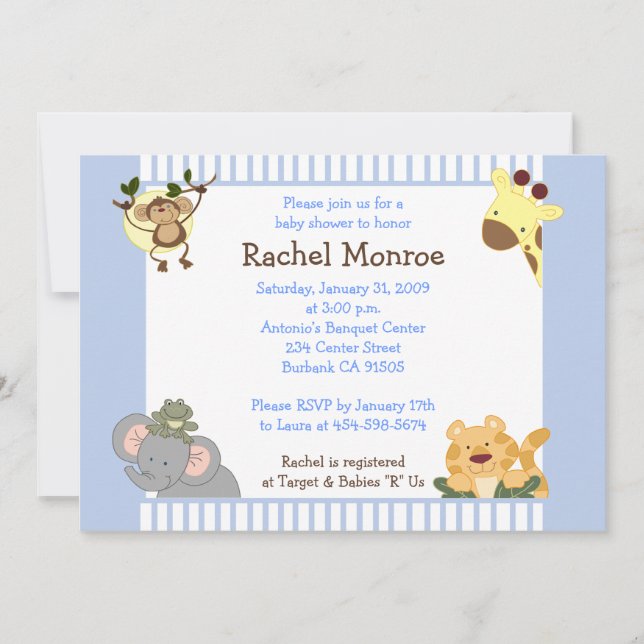 Blue Boy Jungle Safari Friends 5x7 Baby Shower Invitation (Front)