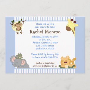 Blue Boy Jungle Safari Friends 5x7 Baby Shower Invitation