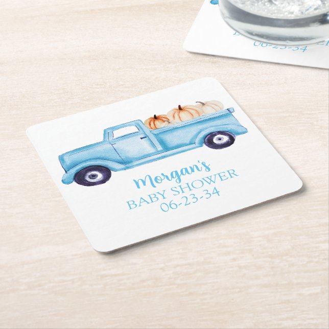 Blue Boy Little Pumpkin Cute Baby Shower Square Paper Coaster (Angled)