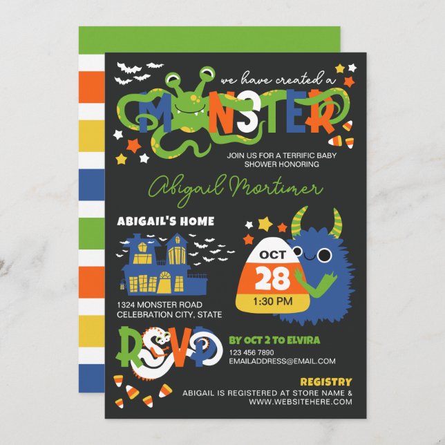 Blue Boy Monster Typography Halloween Baby Shower Invitation (Front/Back)