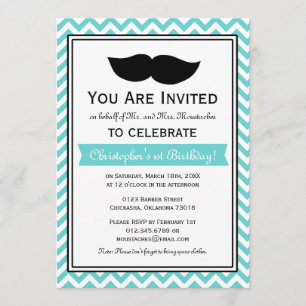 Blue Boy Moustache Chevron Birthday Party Invitation