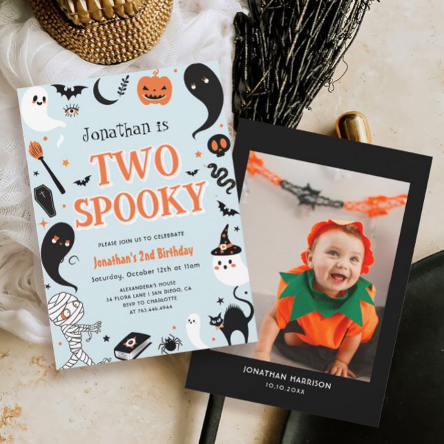 Blue Boy Photo Two Spooky Halloween 2nd Birthday Invitation (Creator Uploaded)