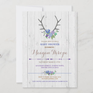 Blue Boy Stag Rustic Flower Baby Shower Invitation