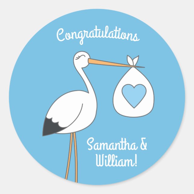 Blue Boy Stork Baby Shower Classic Round Sticker (Front)