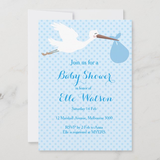 Blue Boy Stork Baby Shower Invitation (Front)