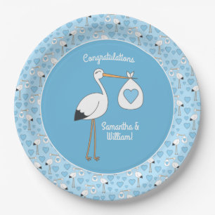 Blue Boy Stork Baby Shower Paper Plate