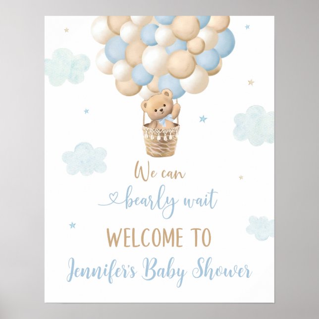 Blue Boy Teddy Bear Balloons Baby Shower Welcome Poster (Front)