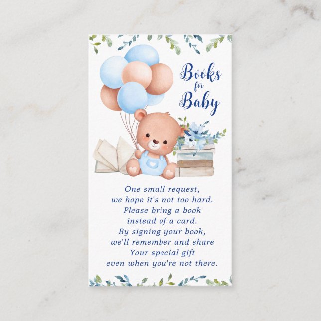 Blue Boy Teddy Bear Books for Baby Shower Enclosure Card (Front)
