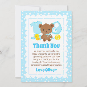 Blue Boy Teddy Bear Clothes Baby Shower Thank You Card