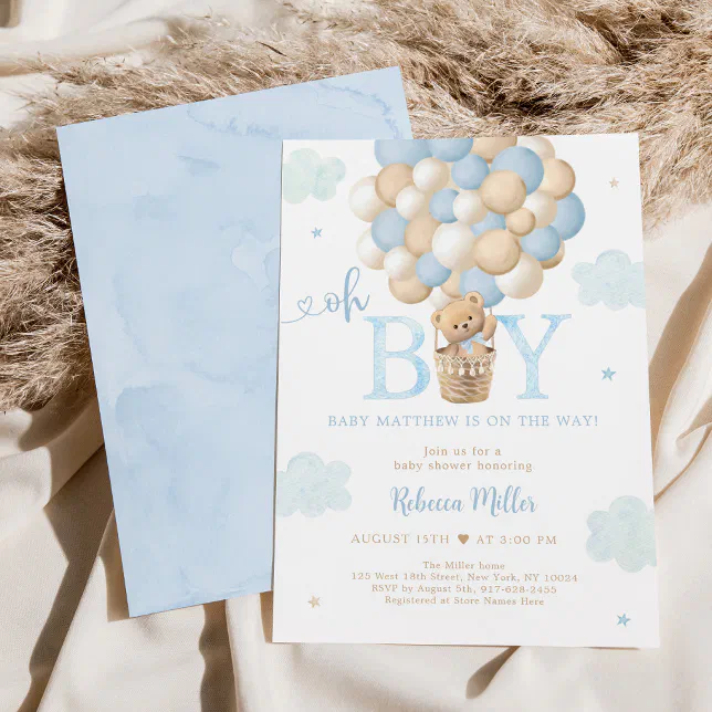 Blue Boy Teddy Bear Hot Air Balloon Baby Shower Invitation | Zazzle