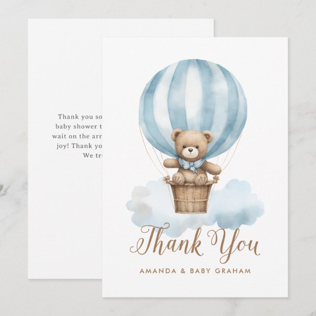 Blue Boy Teddy Bear Moon Stars Baby Shower Thank You Card (Front/Back)