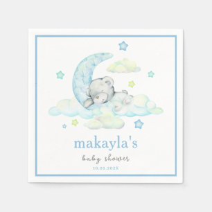 Blue Boy Teddy Bear On Moon Watercolor Baby Shower Napkin
