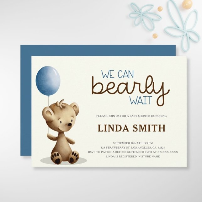 Blue Boy Teddy Bear We Can Bearly Wait Baby Shower Invitation (Creator Uploaded)