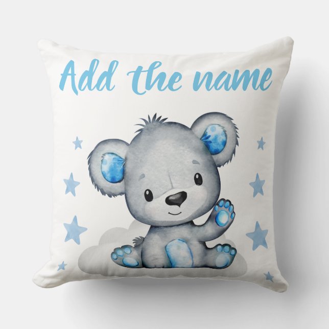Blue Boy Teddy Bear with Name Stars Throw Pillow (Front)