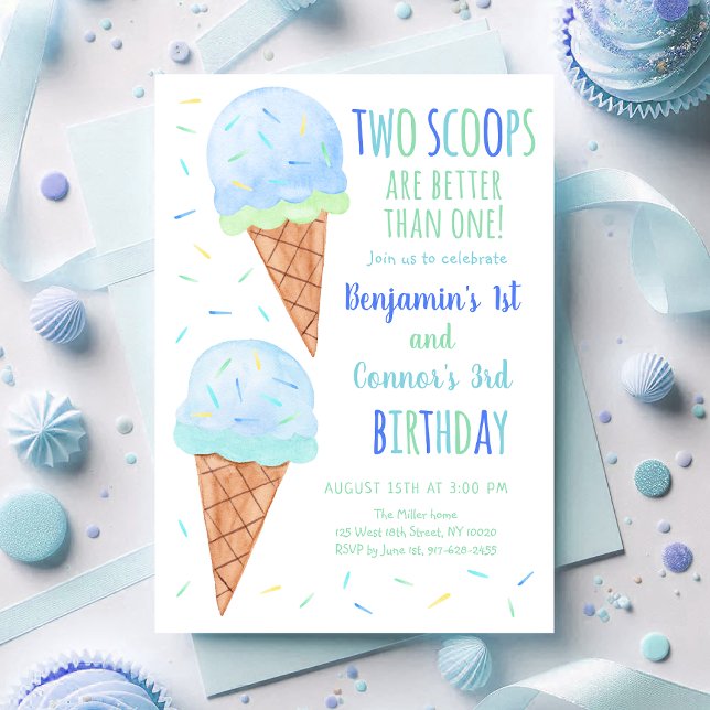 Blue Boy Two Scoops Ice Cream Joint Birthday Invitation (Creator Uploaded)