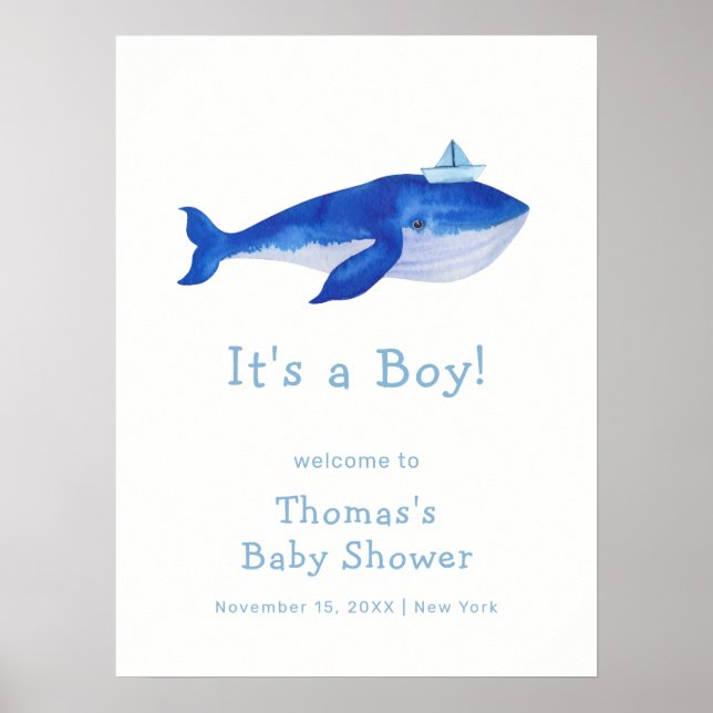 Blue Boy Under The Sea Whale Baby Shower Welcome Poster (Front)