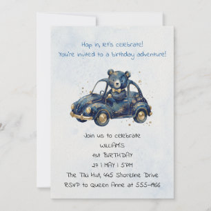Blue Boy Watercolor Teddy Bear Birthday Invitation
